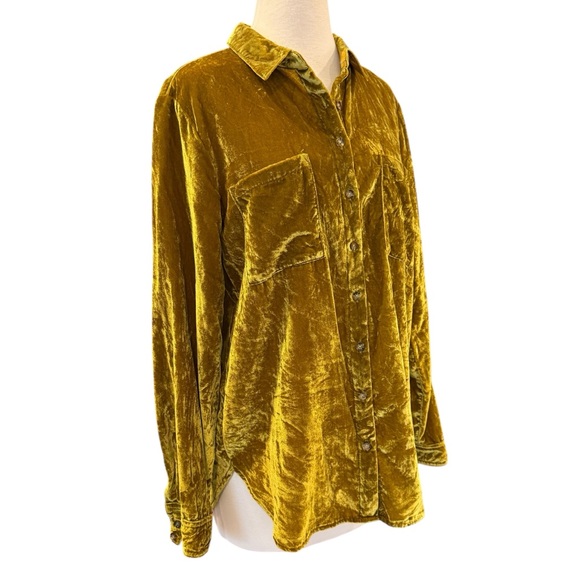 Maeve Anthropologie Karina Chartreuse Velvet Button Down Shirt Blouse Size 10 - Picture 3 of 12